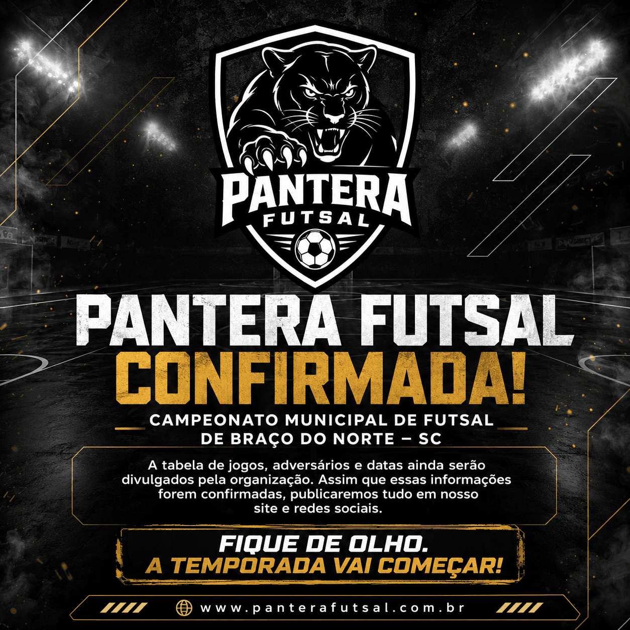 Arte oficial da Pantera Futsal anunciando participação no Campeonato Municipal de Futsal de Braço do Norte 2027.